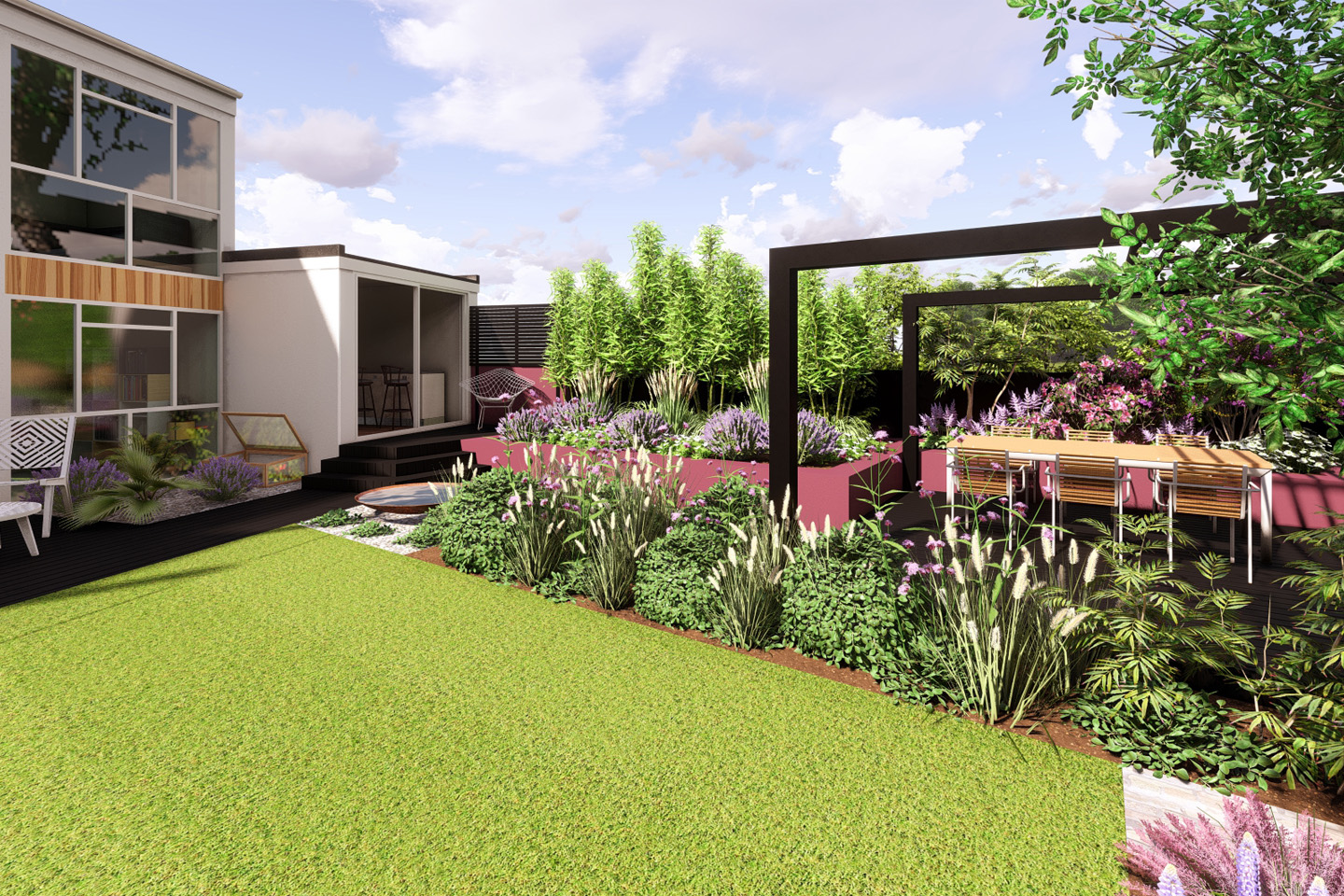 CGI - Dining area softened and partially hidden by mixed height planting.