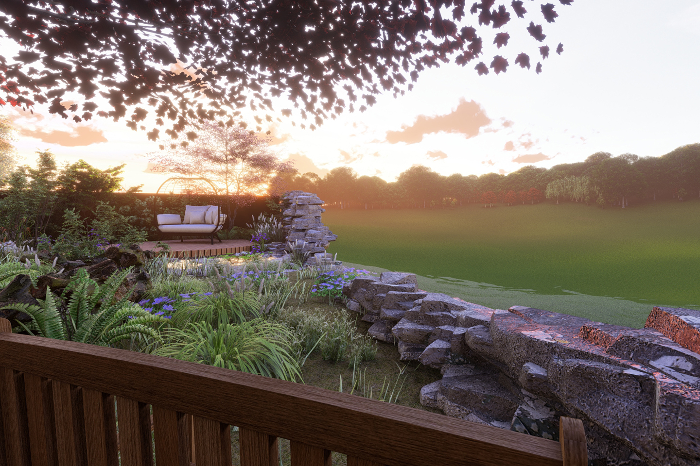 CGI - A view to enjoy of the sun setting within the natural area at the end of the garden.
